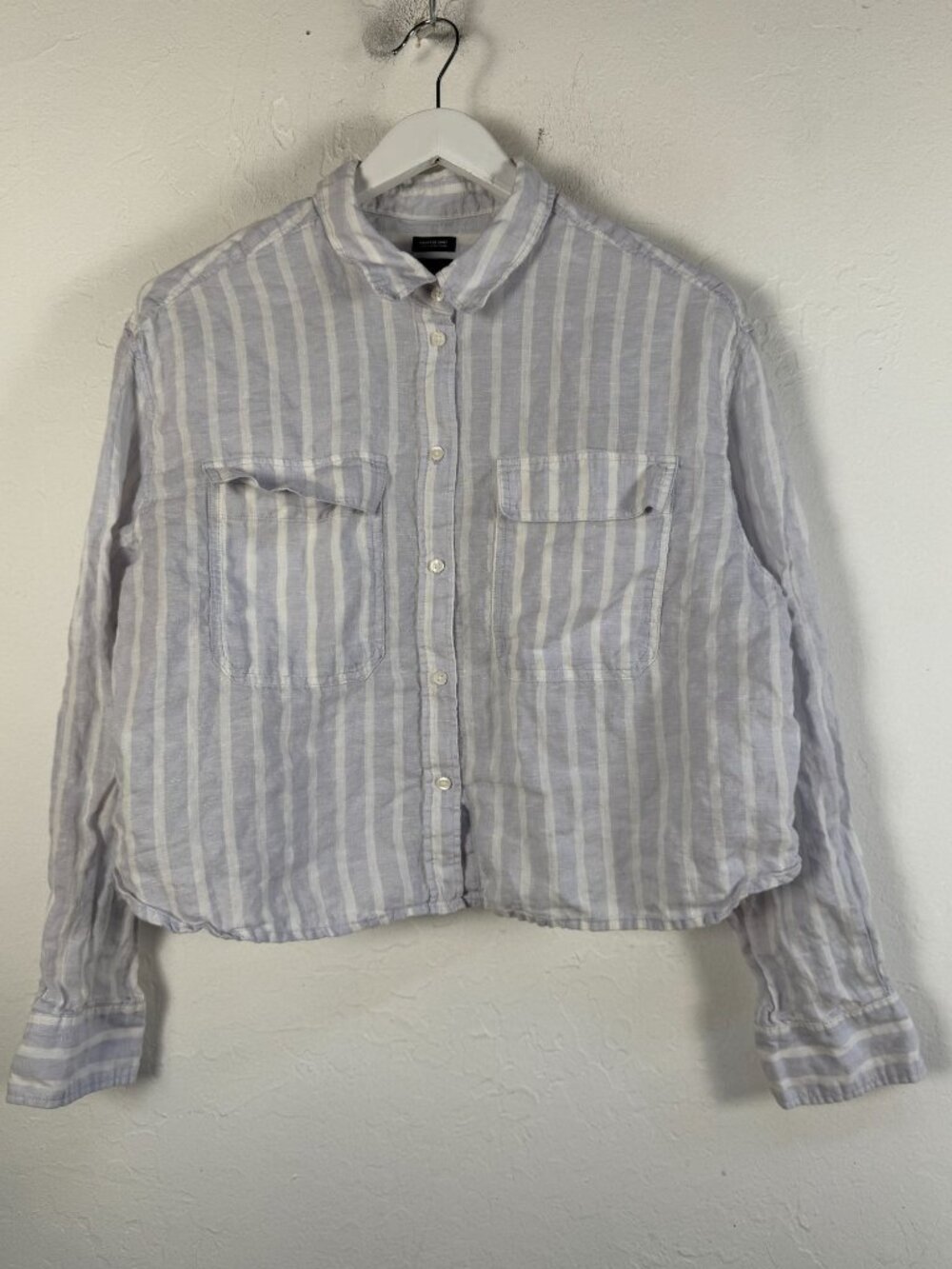 Gap Women 100% Linen Striped Cropped Shirt Blue Utility Pocket Button Down Large